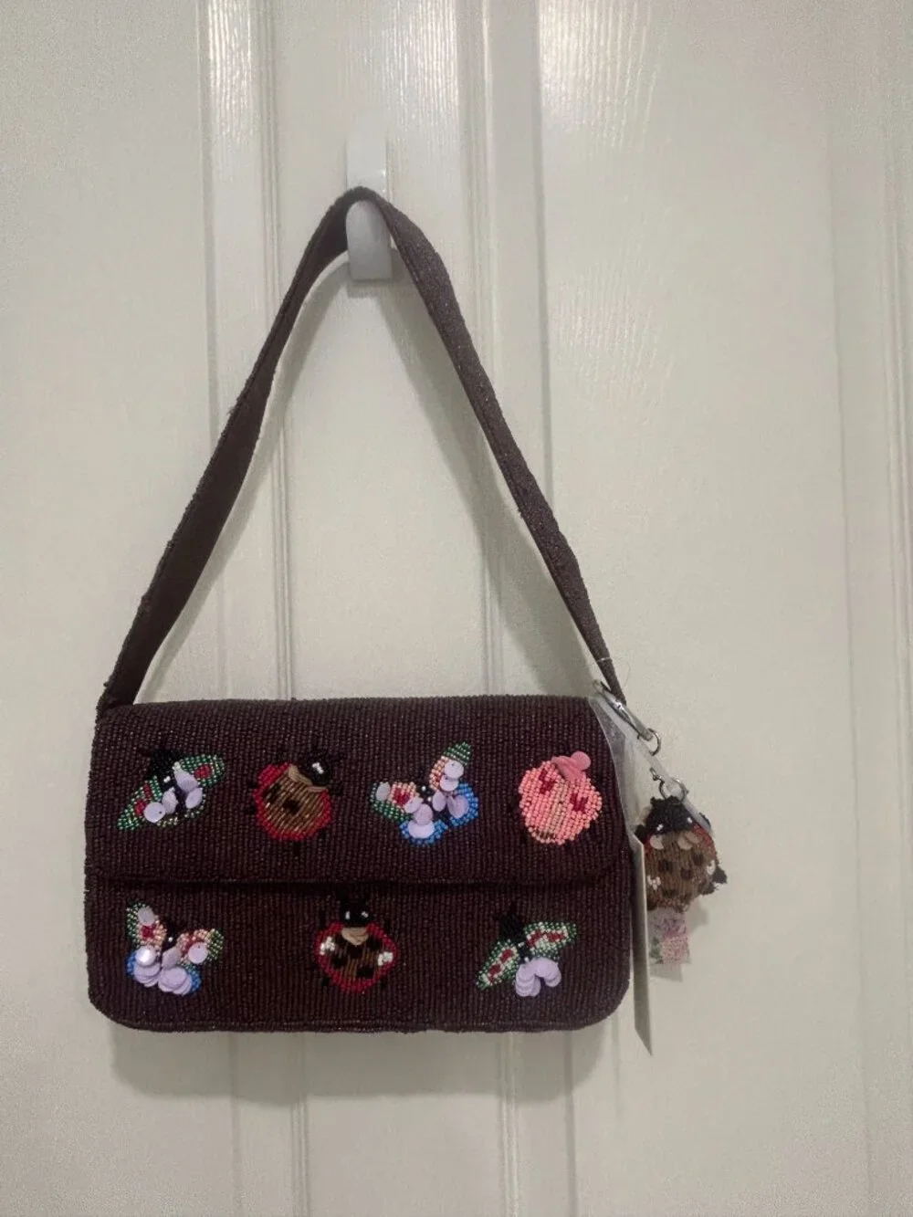 Ladybug Butterfly Beaded Sequin Handbag w Keychain Charm Made in India NWT